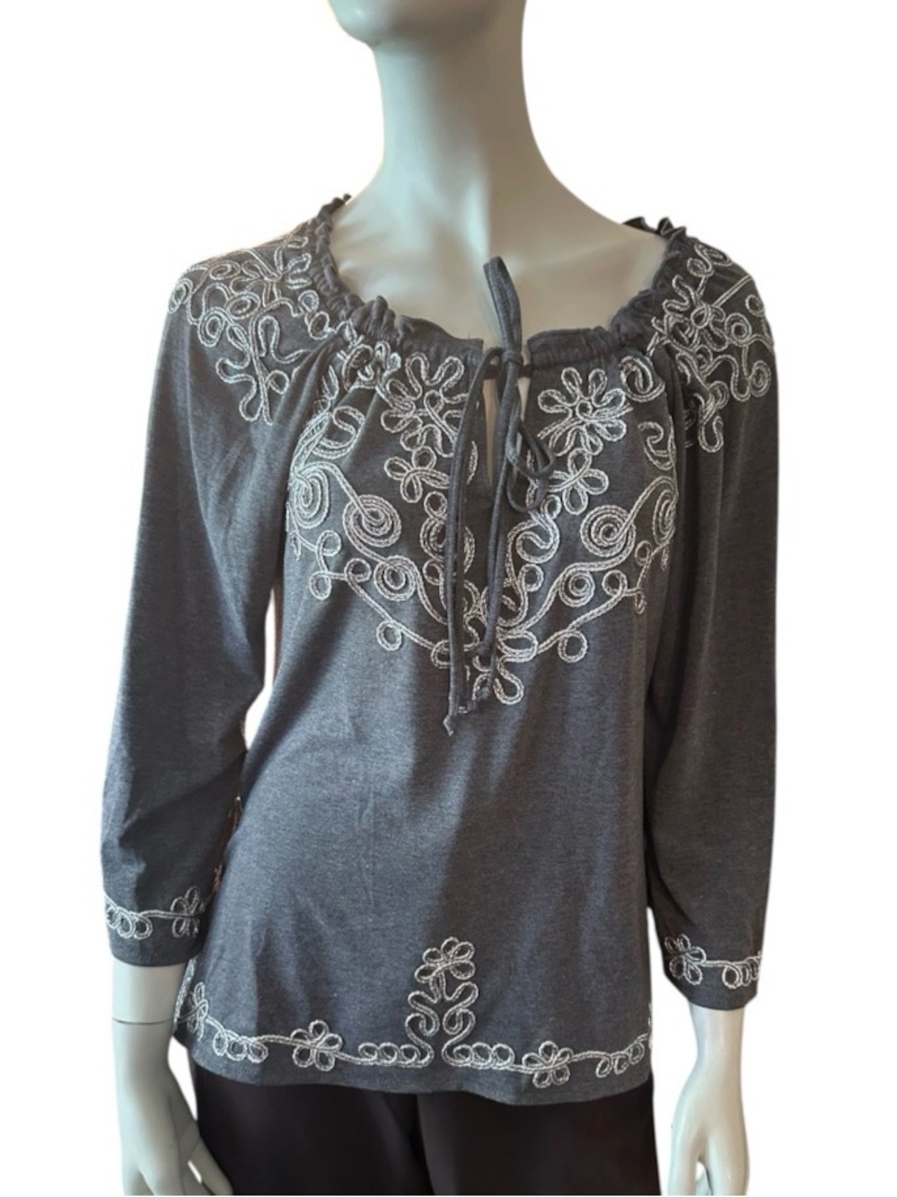 Lauren Michelle Bohemian Style Peasant Tunic Top Grey/White XL NWT